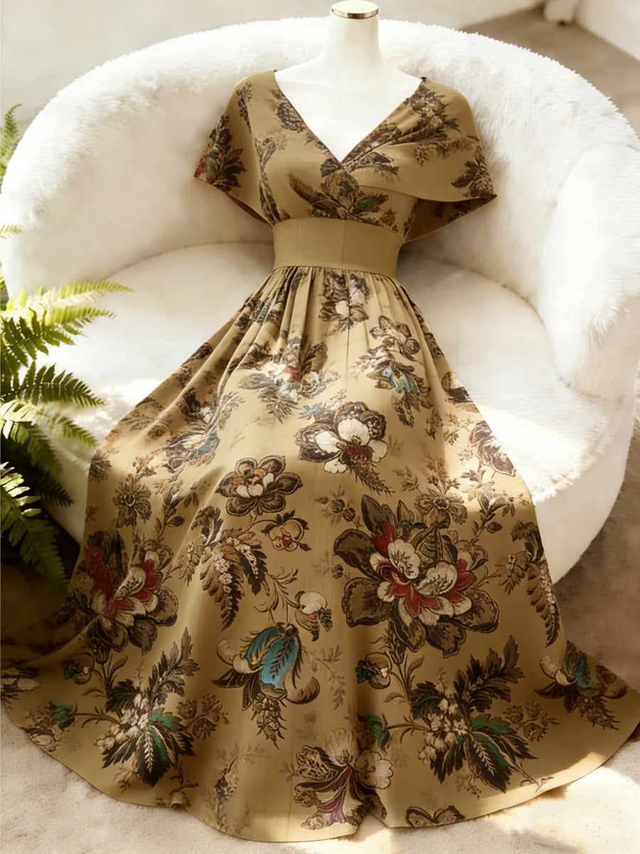 Retro Floral Art Printed Elegant V-Neck Vintage Batwing Short Sleeve Maxi Dress