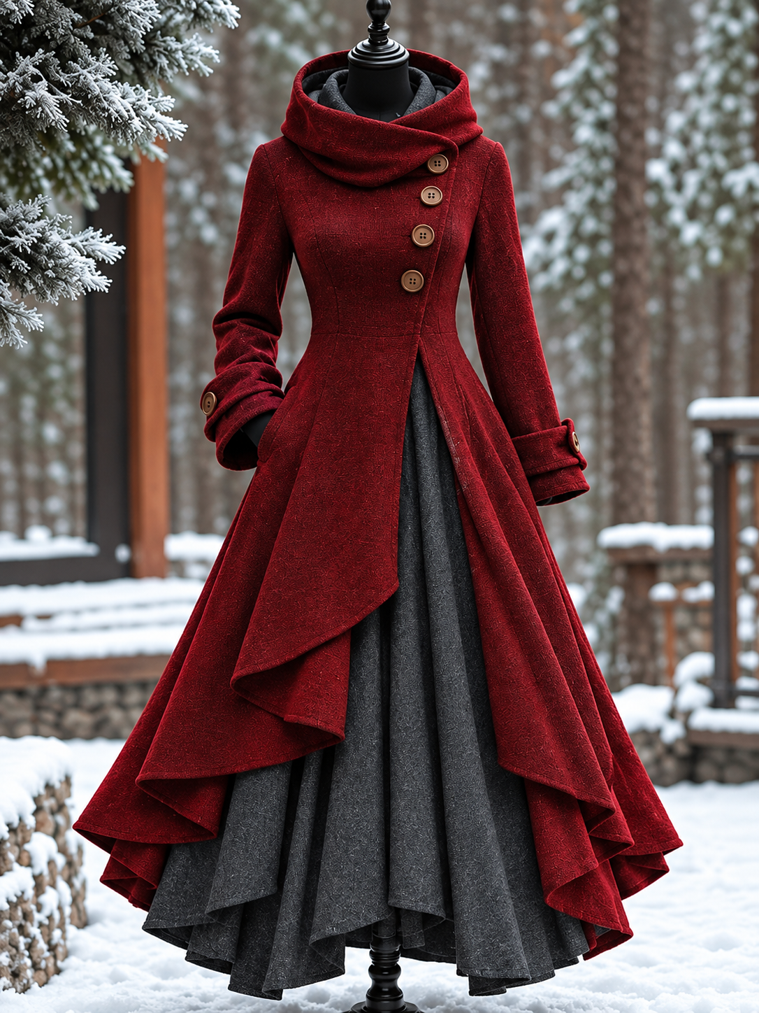 Women’s Vintage High-Collar Asymmetrical Double-Layer Hem Long Maxi Coat