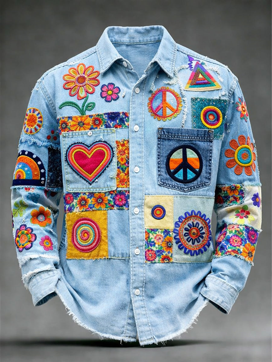Men's Hippie Art Print Cotton Vintage Casual Cotton Long Sleeve Shirt