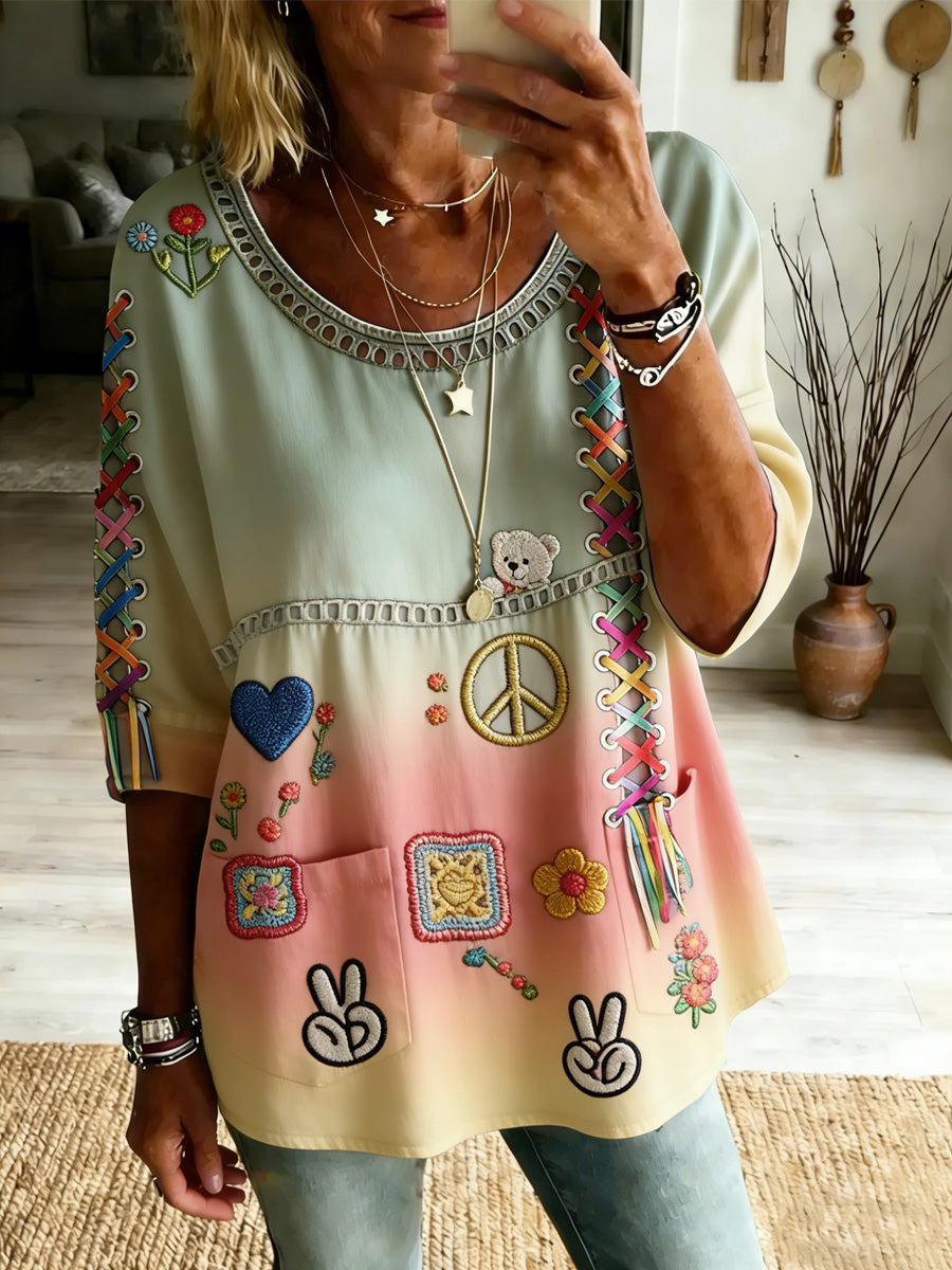 Women's Retro Peace Love Casual Style Print Vintage Half Sleeves Shirt