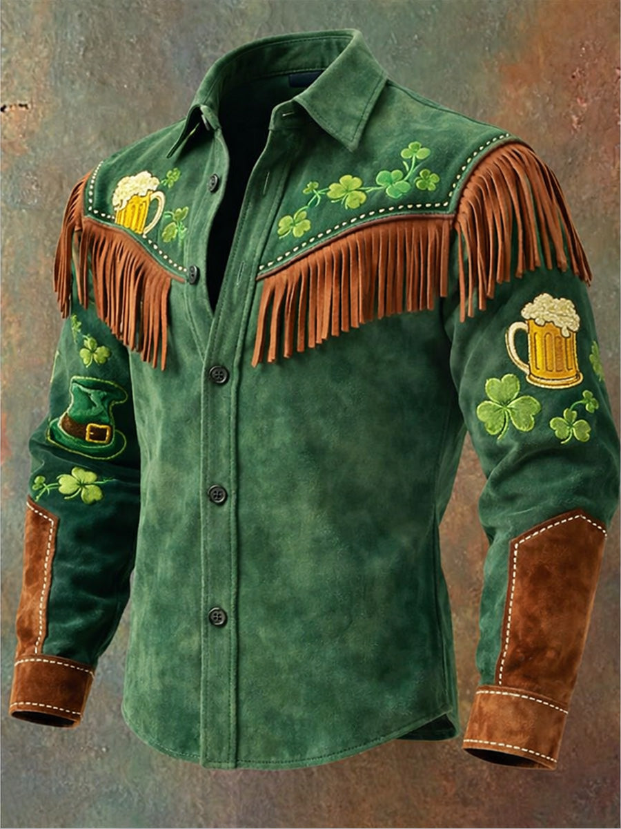 Men's Retro Western Style St. Patrick Print Vintage Tassel Casual Long Sleeve Shirt