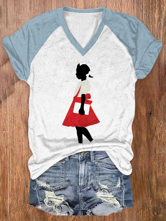 Women's Black Girl In Red Dress Art Printed Short-Sleeved T-Shirt
