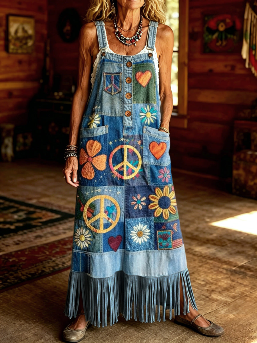 Women's Retro Style Floral Art Print Washed Denim Strap Tassel Maxi Dress