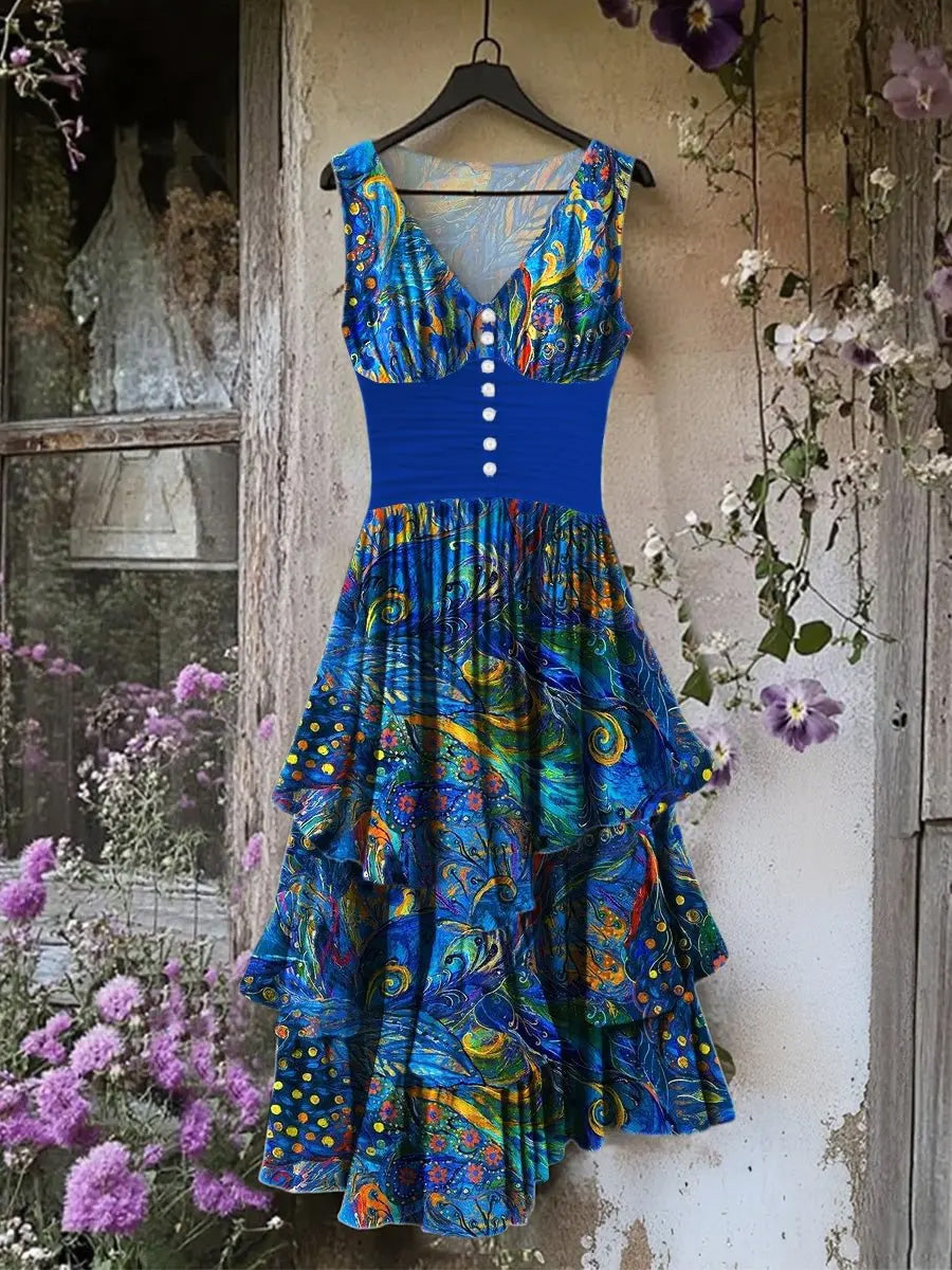 Retro Floral Art Print Vintage V-Neck Button Up Midi Dress