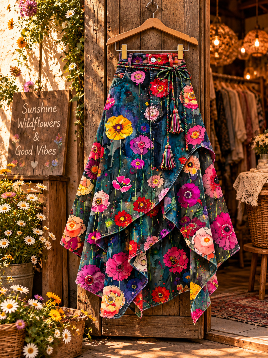 Women's Retro Style Art Print Irregularly Layered Stitched Skirt
