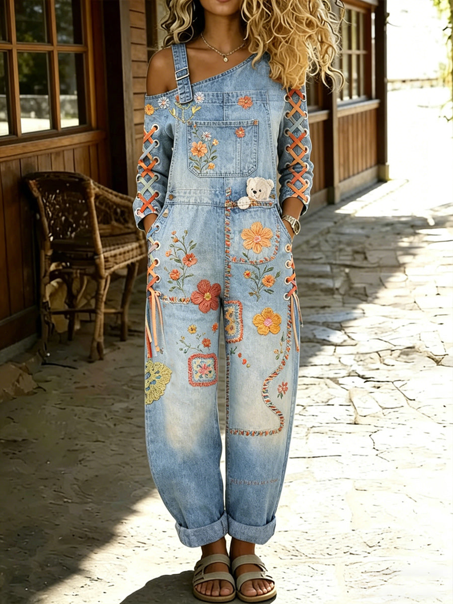 Women's Retro Style Art Print Washed Cotton Denim Patchwork Jumpsuit
