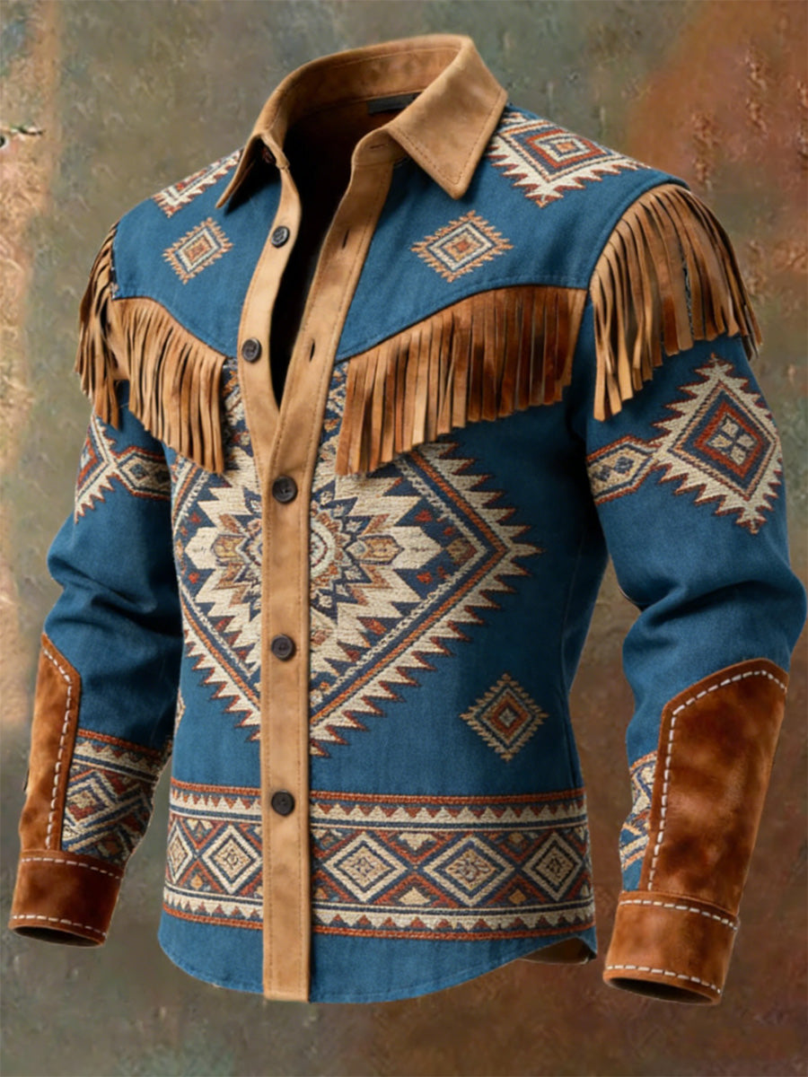 Men's Retro Western Style Art Print Vintage Tassel Casual Long Sleeve Shirt
