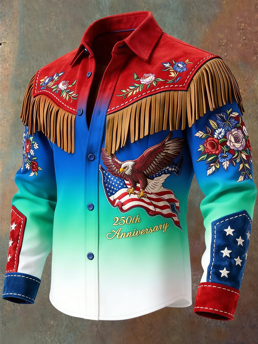Men's USA Flag Art Western Style Print Vintage Tassel Casual Long Sleeve Shirt
