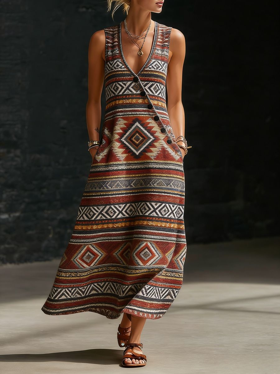 Retro Art Print Button Up Sleeveless Midi Dress