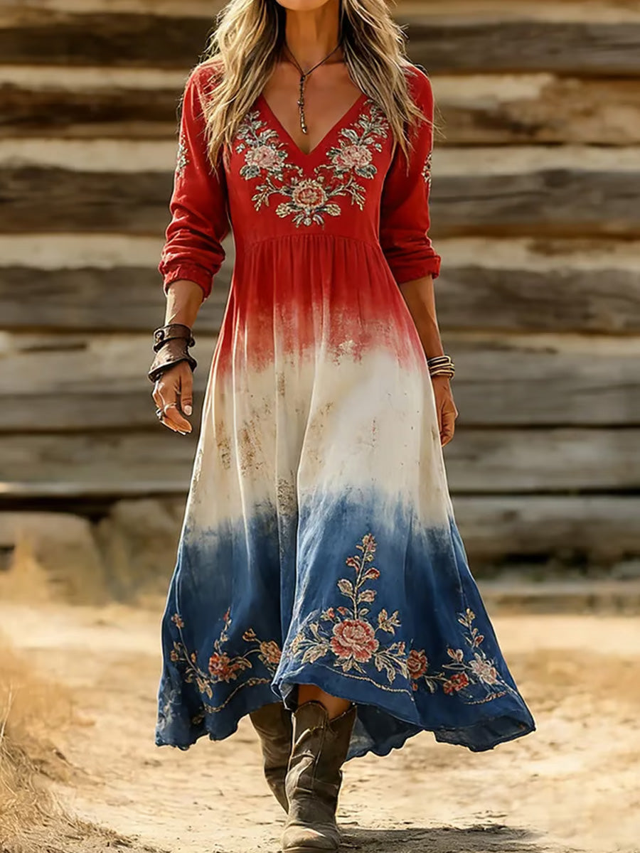 Retro Patriotic Flowers Art Print Casual Vintage V-Neck Pocket Long-Sleeve Maxi Dress