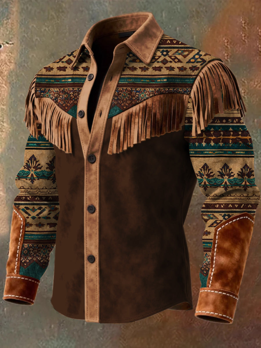 Men's Retro Western Style Art Print Vintage Tassel Casual Long Sleeve Shirt