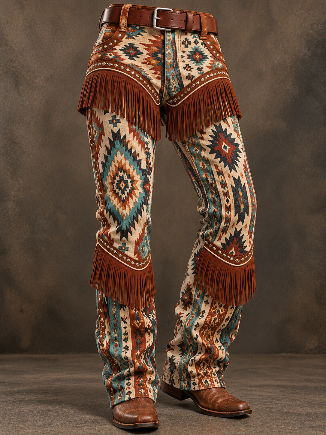 Vintage Western Aztec Art Print Fringe Pants