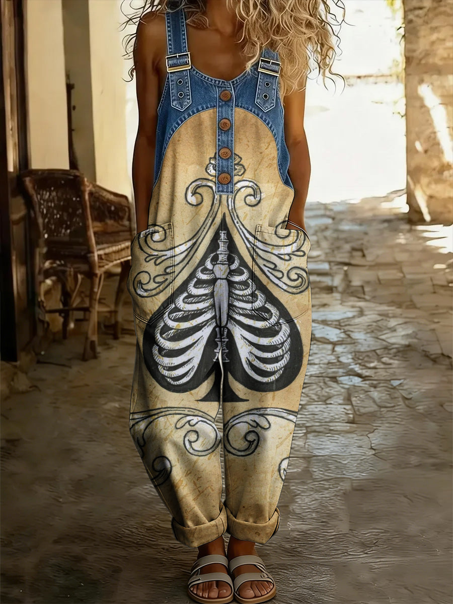 Women's Boho Style Art Print Washed Cotton Denim Patchwork Jumpsuit