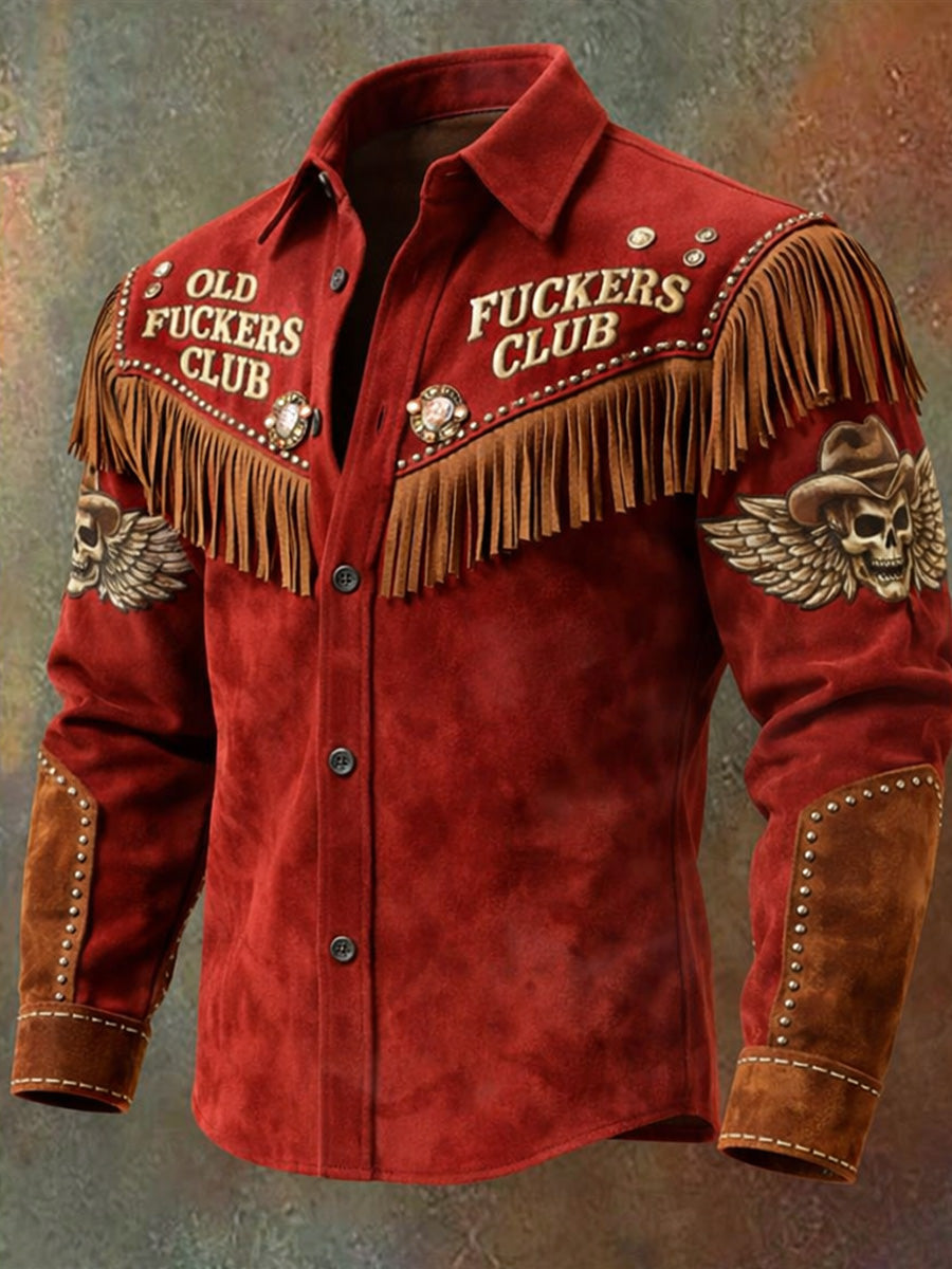 Men's Retro Western Style Print Vintage Tassel Casual Long Sleeve Shirt