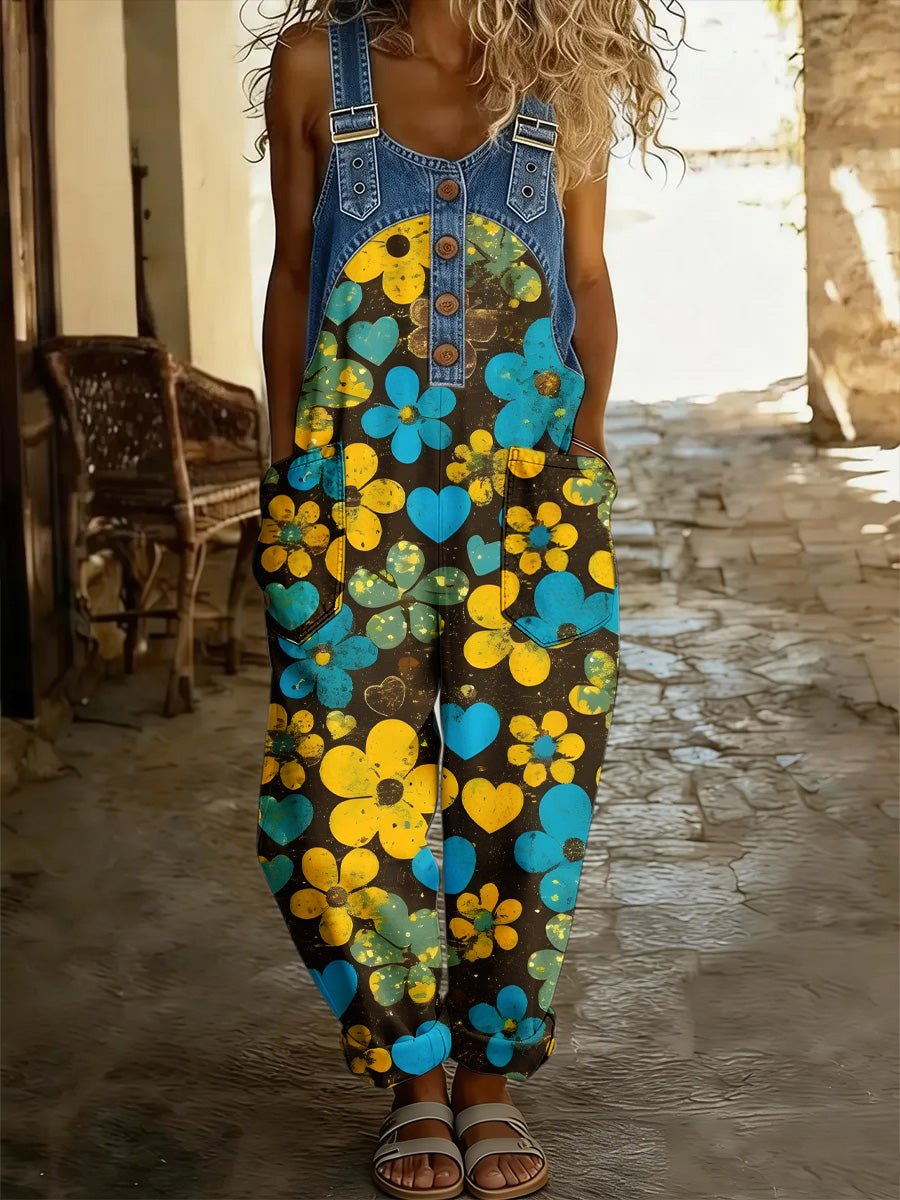 Women's Retro Style Print Washed Cotton Denim Patchwork Jumpsuit