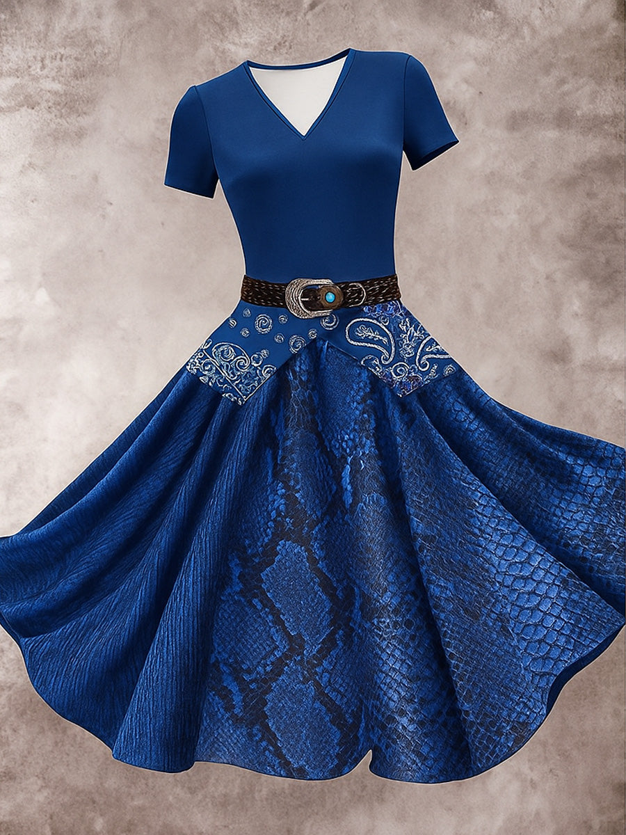 Retro Floral Carved Artistic Texture Printed Vintage V-Neck Short Sleeve Midi Dress