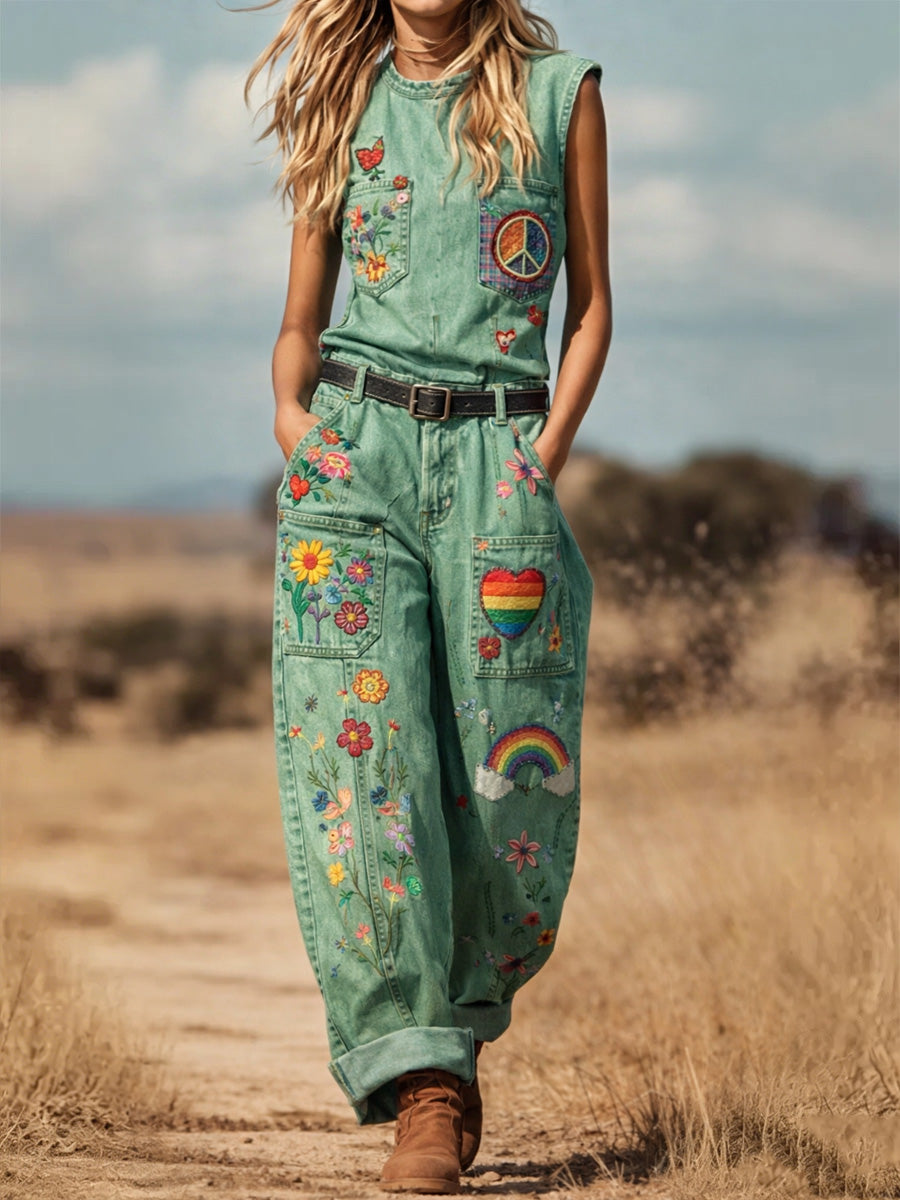 Women's Retro Floral Color-Blocked Art Print Round Neck Denim Patchwork Jumpsuit