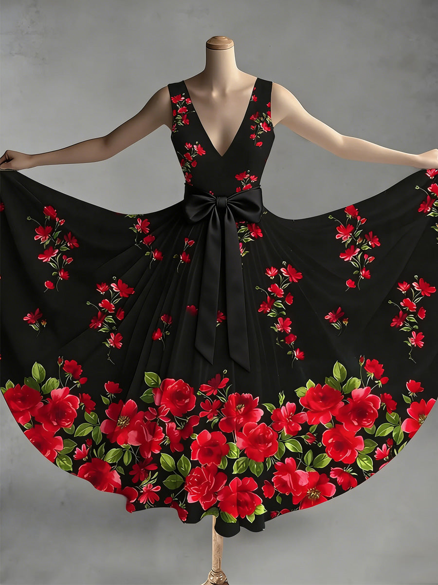 Retro Style Art Print V-Neck Sleeveless Cotton Maxi Dress
