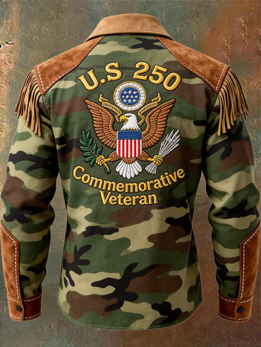 Men's Retro Western Style U.S 250 Commemorative Veteran Print Vintage Tassel Casual Long Sleeve Shirt