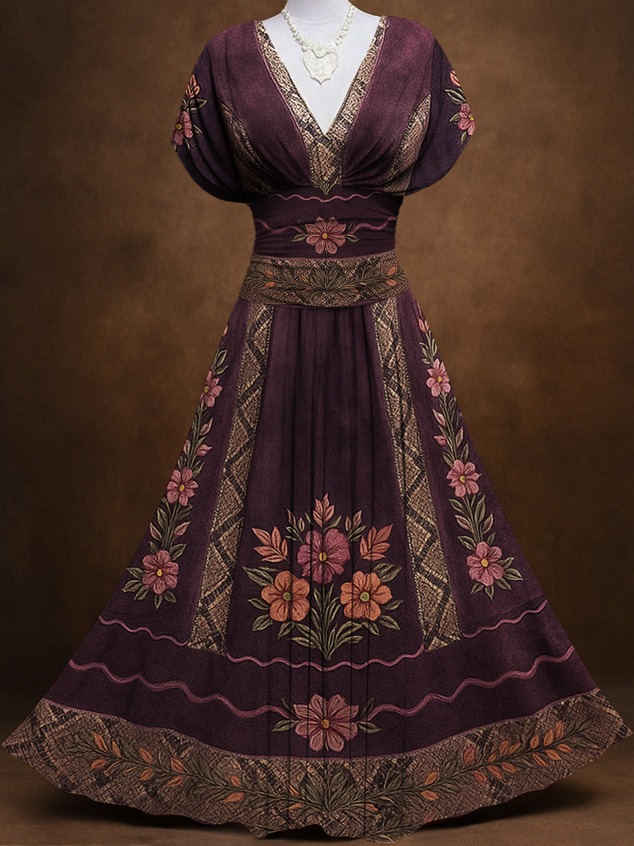Retro Suede Floral Carved Art Printed Elegant V-Neck Vintage Batwing Short Sleeve Maxi Dress