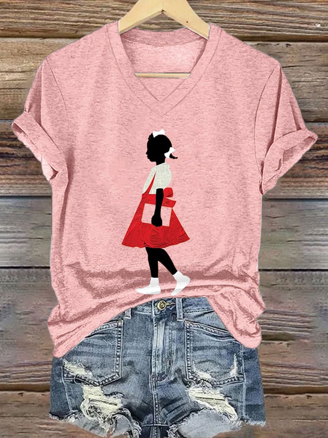 Women's Black Girl In Red Dress Art Print Cotton Long Sleeve T-Shirt