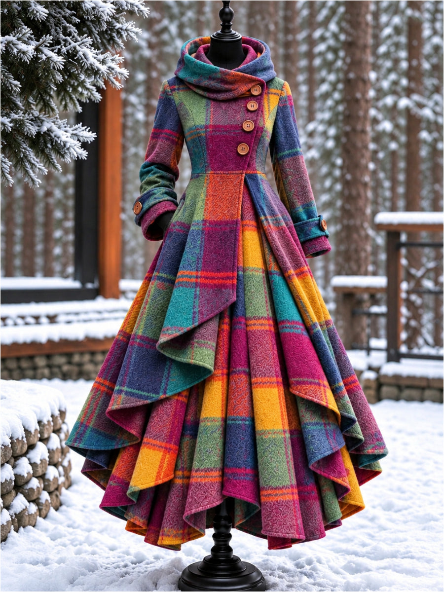 Women’s Vintage High-Collar Asymmetrical Double-Layer Hem Long Maxi Coat