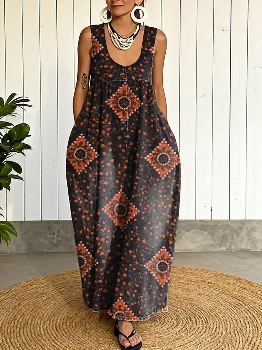Women's Floral Art Print Washed Cotton Patchwork Pocket Shoulder Strap Dress