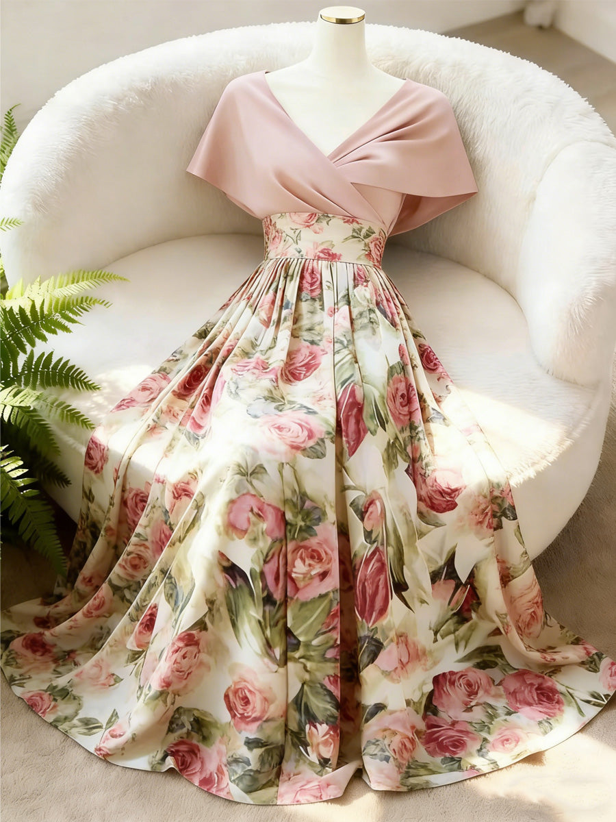 Retro Floral Art Printed Elegant V-Neck Vintage Batwing Short Sleeve Maxi Dress