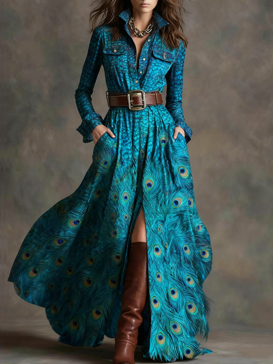 Retro Feather Art Texture Printed V-Neck Vintage Pocket-Style Long Sleeve Maxi Dress