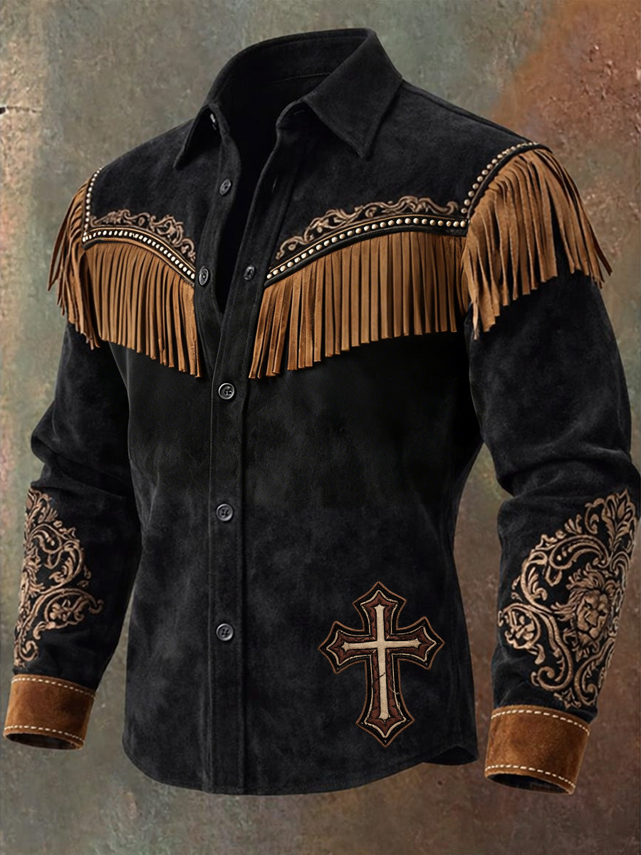 Men's Retro Western Style Lion Cross Print Vintage Tassel Casual Long Sleeve Shirt