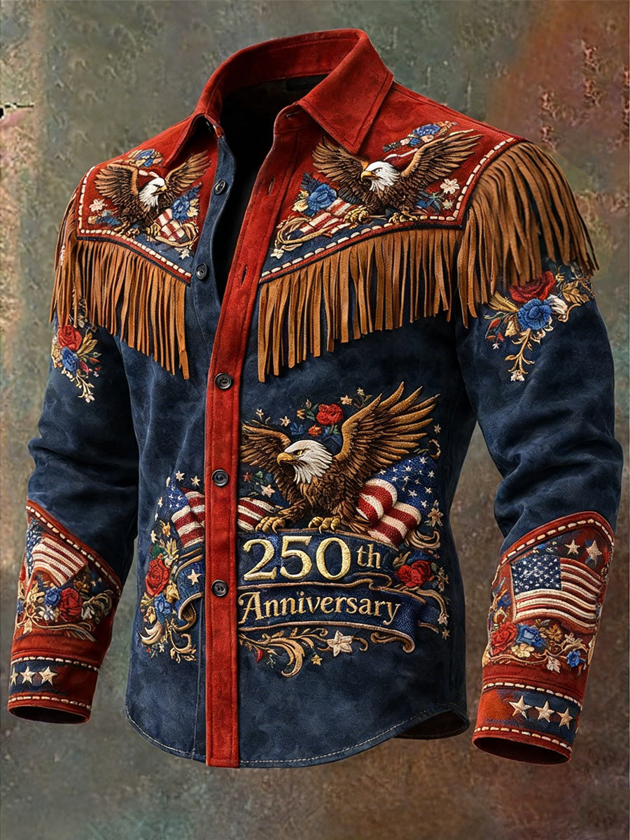 Men's Retro Western Style 250th Anniversary Print Vintage Tassel Casual Long Sleeve Shirt