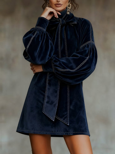 Vintage Velvet Elegant Bow Lantern Sleeves Midi Dress