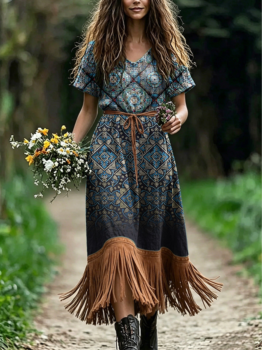 Women's Retro Floral Art Print Casual Vintage V-Neck Short-Sleeve Tassel Dress