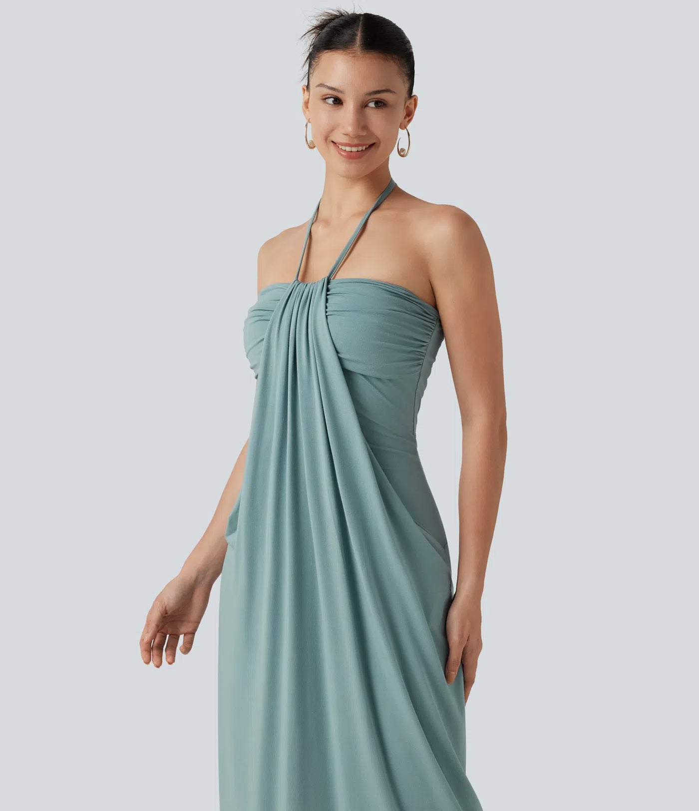 Halter Neck Strapless Long Dress With Draped Pockets