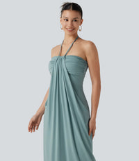 Halter Neck Strapless Long Dress With Draped Pockets