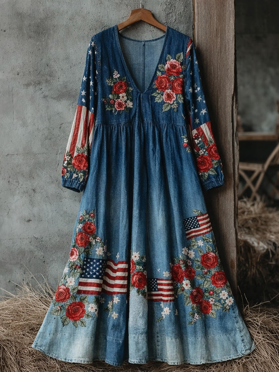 Retro USA Patriotic Flowers Art Print Casual Vintage V-Neck Pocket Long-Sleeve Maxi Dress