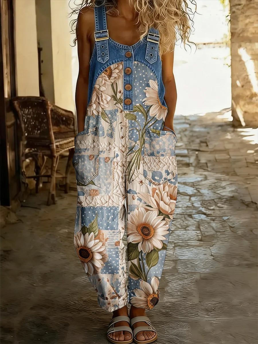 Women's Retro Style Print Washed Cotton Denim Patchwork Jumpsuit