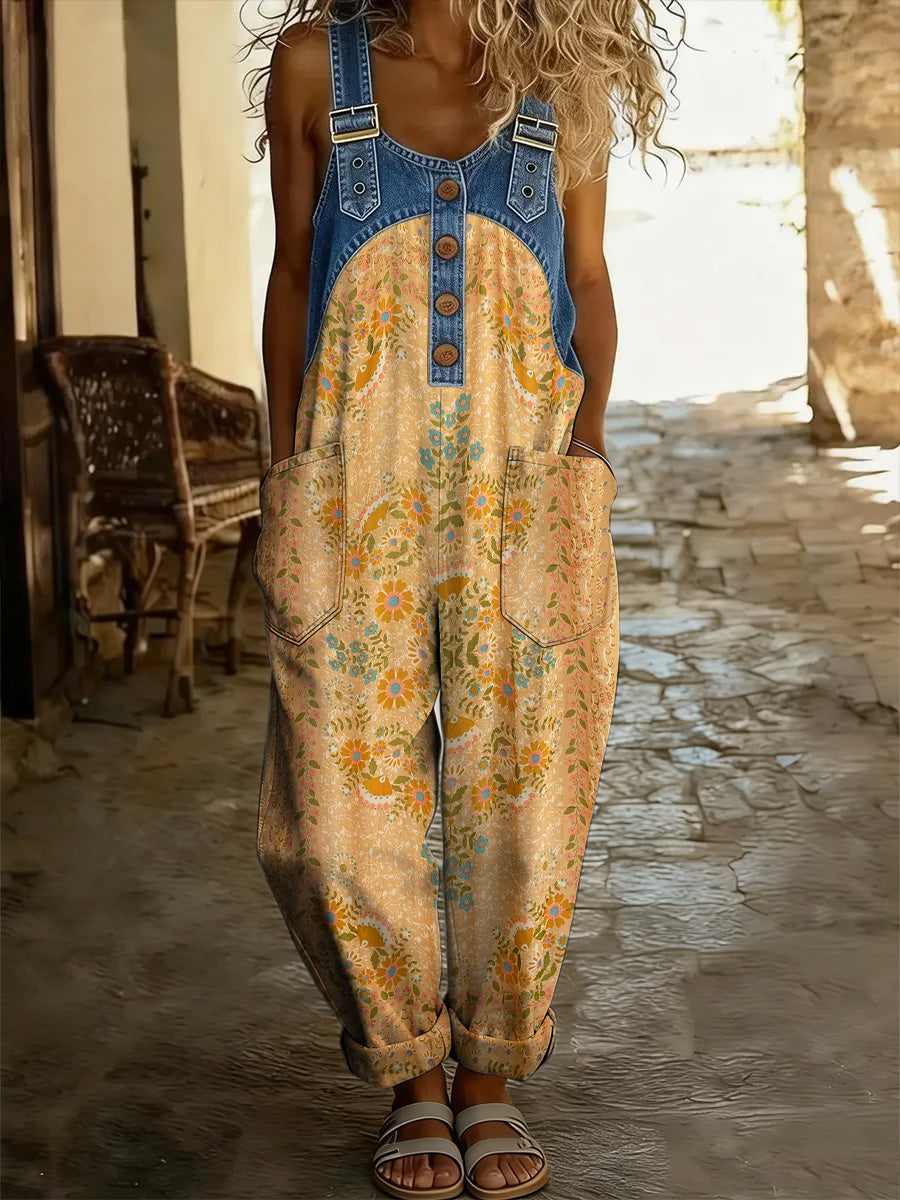 Women's Retro Floral Color-Blocked Art Print Washed Cotton Denim Patchwork Jumpsuit