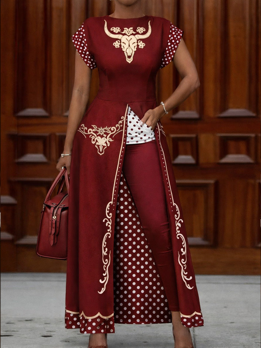 Retro Western Style Art Print Vintage Long Split Shirts Dress Skinny Pants Two-Piece Set