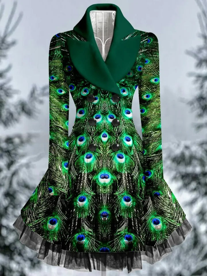 Peacock Feather Print Vintage Elegant Lapel V-Neck Button Up Long Sleeve Coat Dress