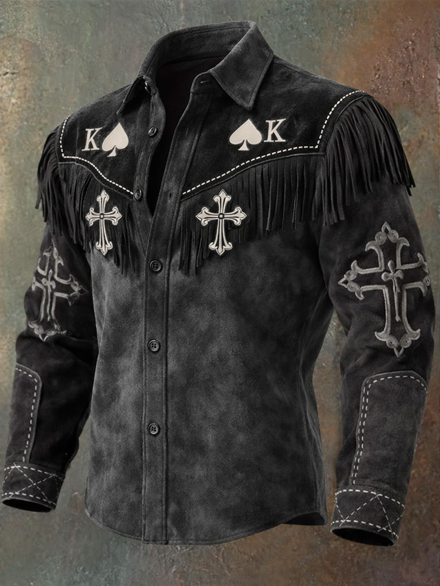 Men's Retro Western Style Art Print Vintage Tassel Casual Long Sleeve Shirt