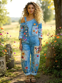 Women's Retro Floral Color-Blocked Art Print Washed Cotton Denim Patchwork Jumpsuit