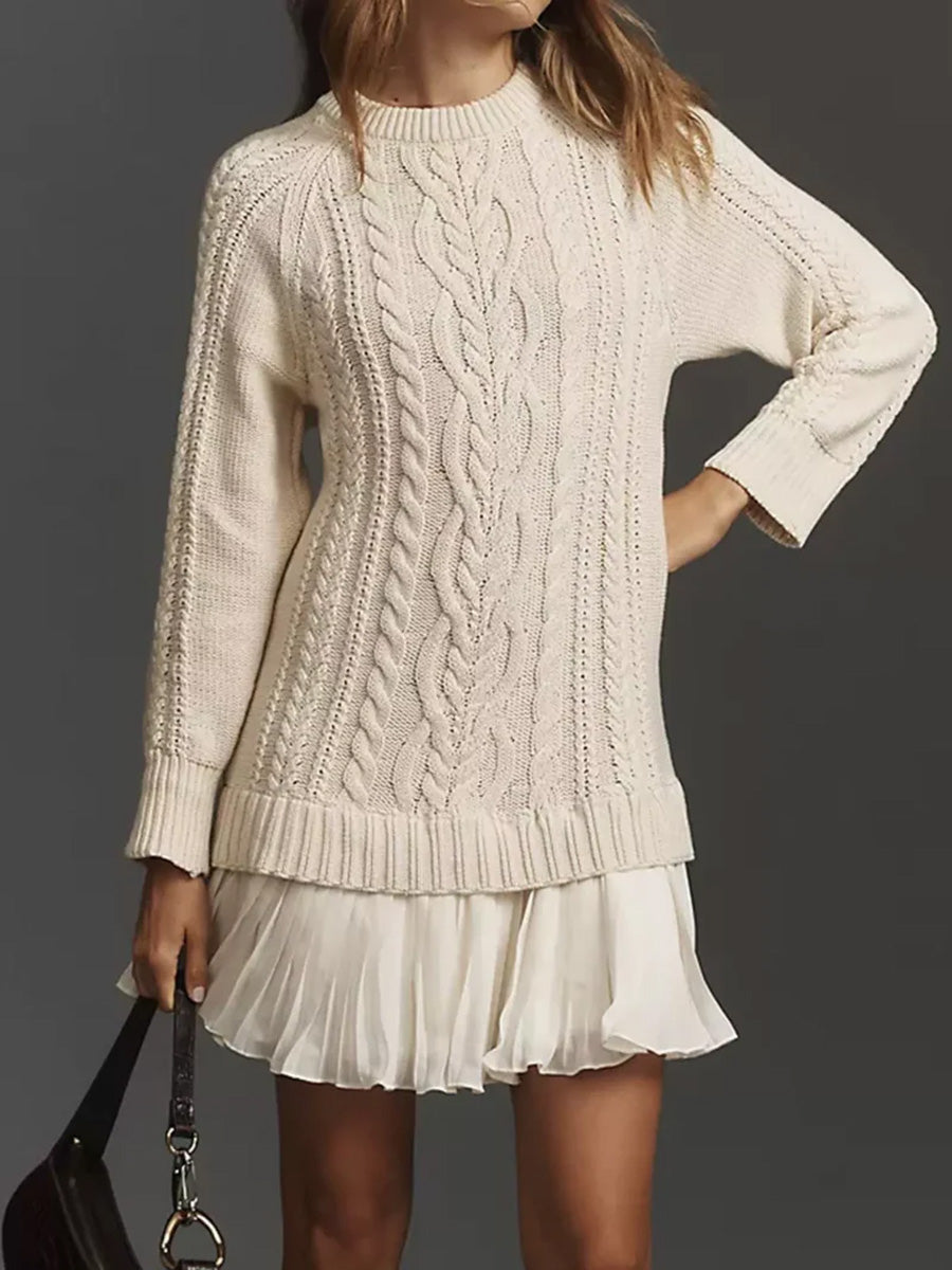 Vintage Unique Elegant Twisted Texture Sweater Chiffon Patchwork Dress
