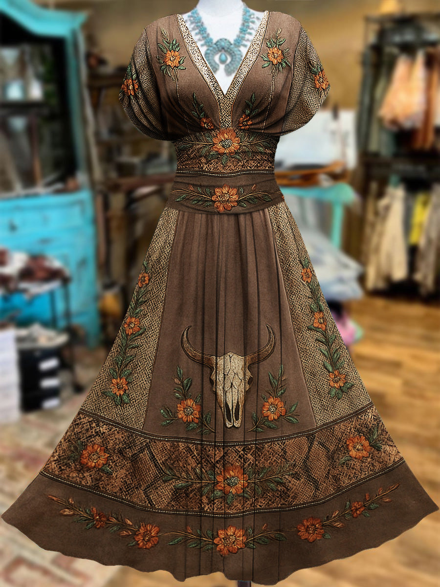 Retro Suede Floral Carved Art Printed Elegant V-Neck Vintage Batwing Short Sleeve Maxi Dress