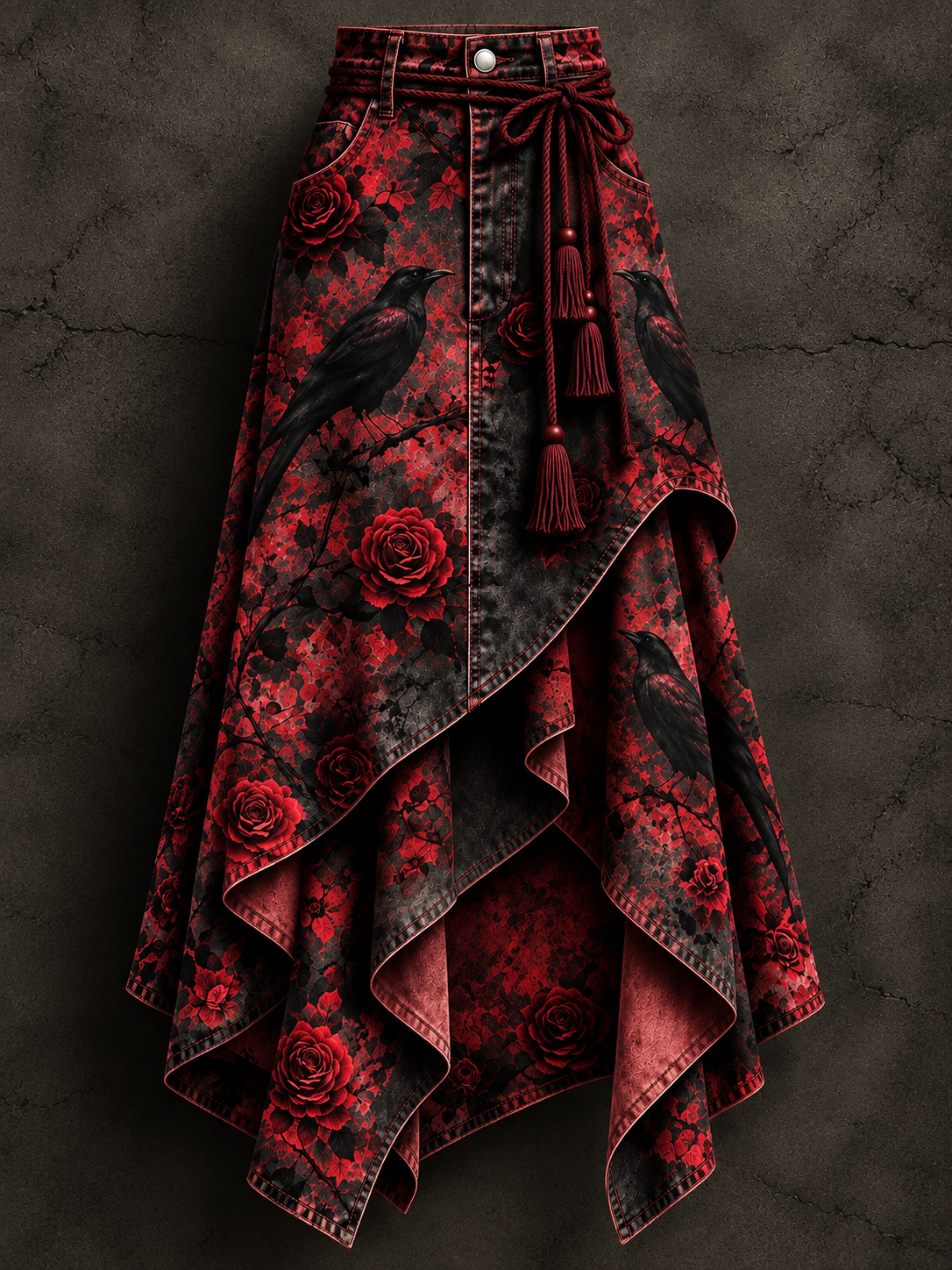 Women's Gothic Raven Floral Art Print Irregularly Layered Stitched Skirt