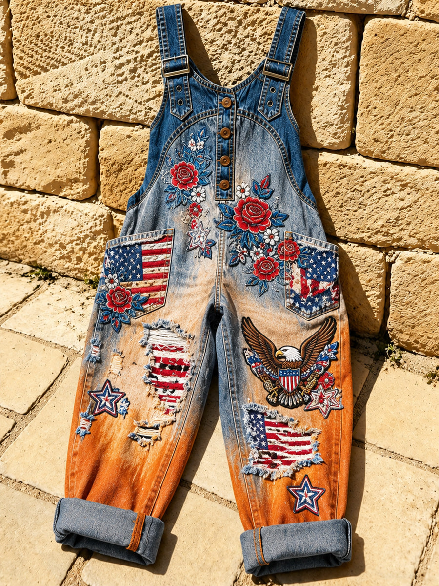 Women's Retro Style Print Washed Cotton Denim Patchwork Jumpsuit