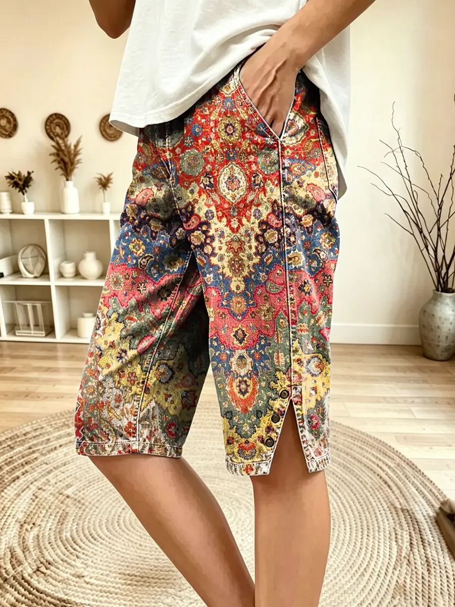Vintage Floral Print Casual Denim Shorts