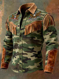 Men's Retro Western Style U.S 250 Commemorative Veteran Print Vintage Tassel Casual Long Sleeve Shirt