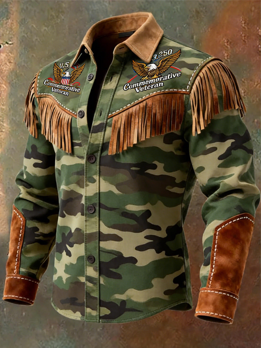 Men's Retro Western Style U.S 250 Commemorative Veteran Print Vintage Tassel Casual Long Sleeve Shirt