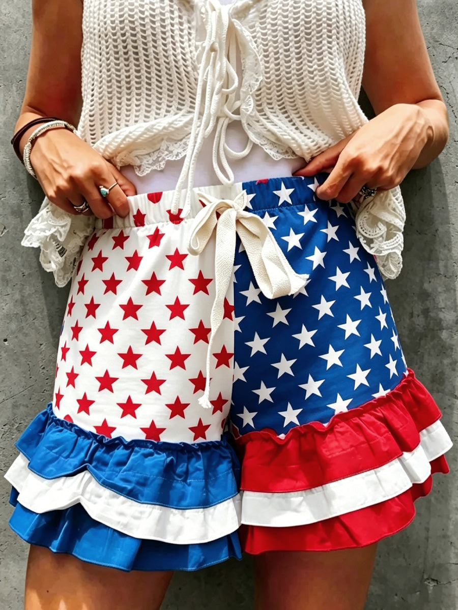 Women's Retro Floral Color-Blocked Art Print Casual Multi-Layer Ruffle Shorts